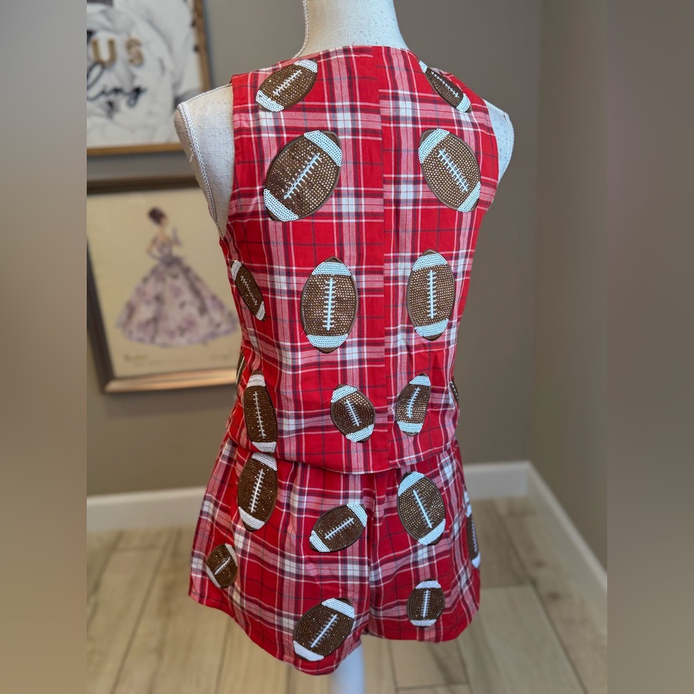 New! Rare SET! QUEEN OF SPARKLES Red Plaid Rhinestone Football Shorts & Tank - Picture 11 of 13